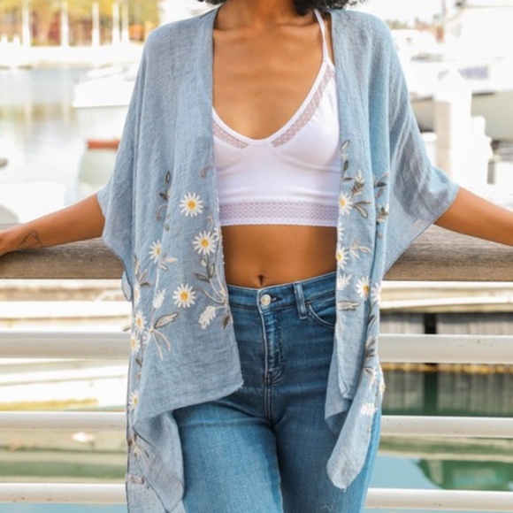 Tops - SOLD OUT Chambray Light Blue Daisy Woven Floral Kimono Open Wrap Coverup Top